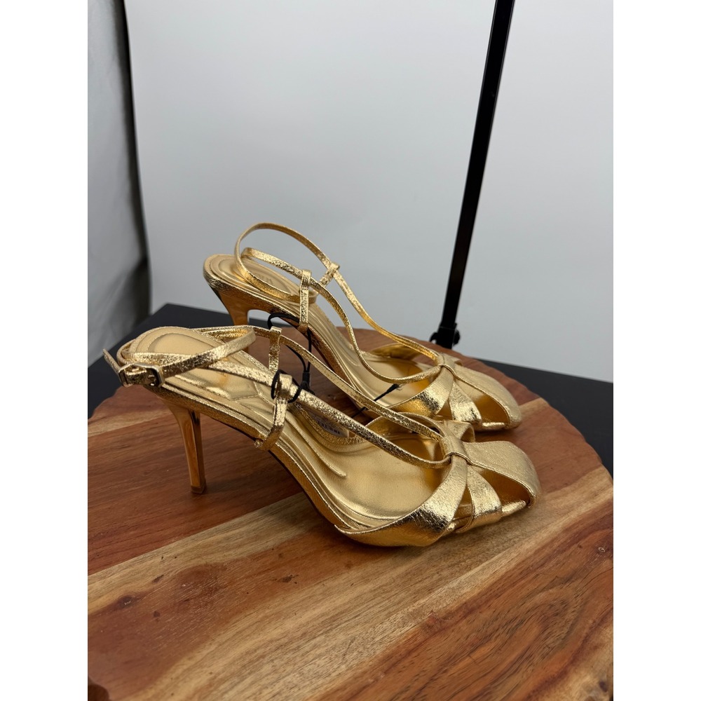 Zara metallic cover front strappy sandals heels gold High Heel 37 6.5 Square Toe - Picture 3 of 10